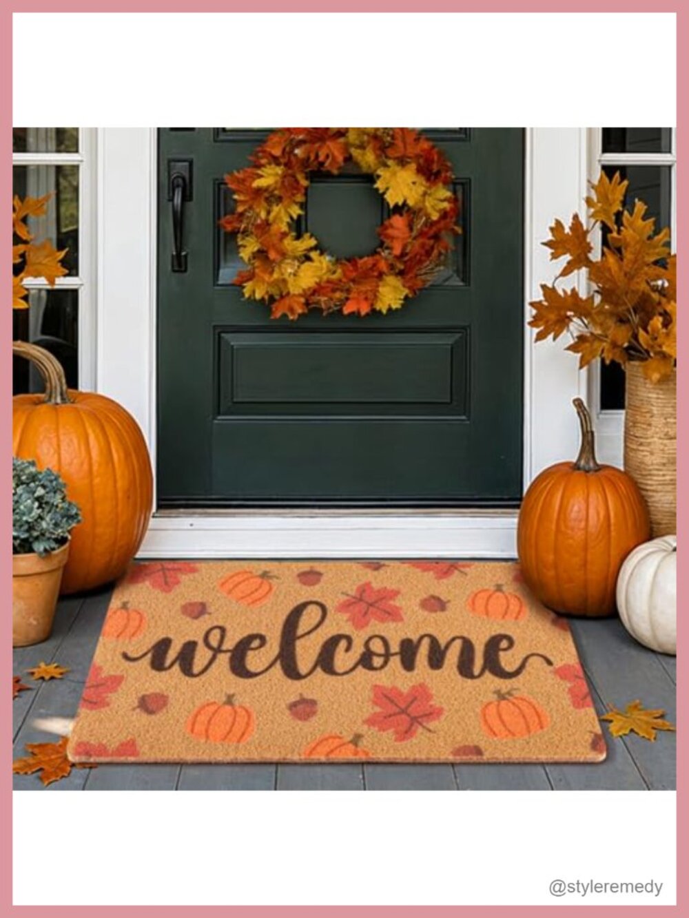 Fall Door Mat Pumpkin Maple Leaves Artificial Coir Outdoor Welcome Doormat